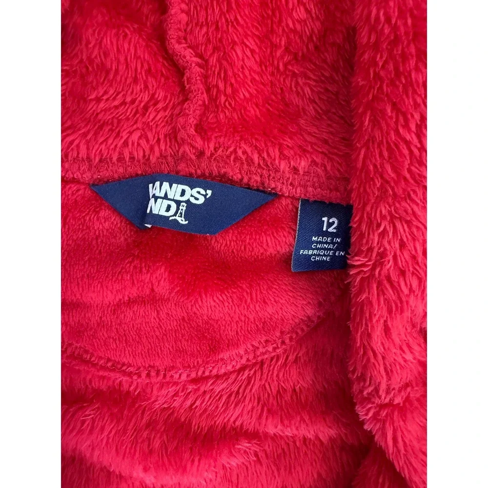 Lands End Minimalist Preppy Hooded Fleece Robe Kids 12 Red Plush Belted Wrap
